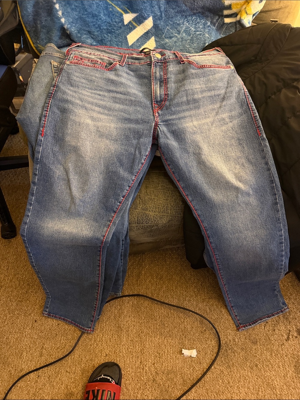 True Religion Blue Denim Jeans with Red Stitching